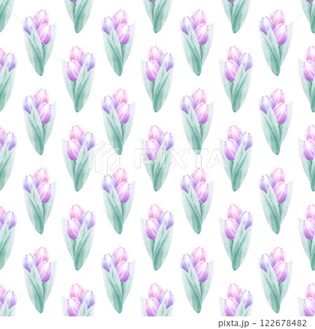 Bouquets of pink and lilac tulips watercolor seamless pattern isolated from background. Hand draw delicate pastel flower illustration for Mother and Women Day design, textile, fabric and packaging. 122678482