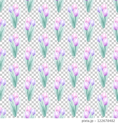 Bouquets of pink and lilac tulips watercolor seamless pattern isolated from background. Hand draw delicate pastel flower illustration for Mother and Women Day design, textile, fabric and packaging. 122678482