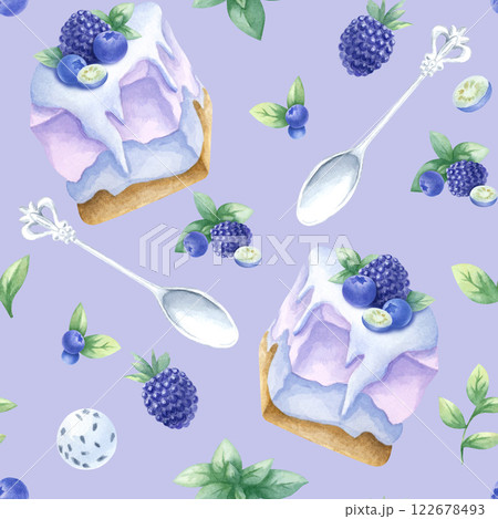 Cakes with blueberry, blackberry and mint, wild berries and silver spoons. Hand drawn watercolor seamless pattern of delicious desserts on lilac for pastry shop, kitchen textile and food packaging. Cakes with blueberry, blackberry and mint, wild berries and silver spoons. Hand drawn watercolor seamless pattern of delicious desserts on lilac for pastry shop, kitchen textile and food packaging. 122678493