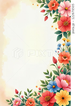 Vibrant floral border on a warm, textured background. 122678505