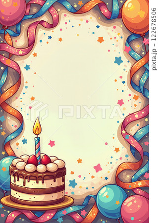 Colorful birthday frame with cake and balloons. 122678506