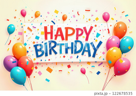 Colorful Happy Birthday sign with balloons and confetti. 122678535