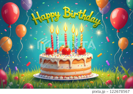 Colorful birthday cake with lit candles and balloons. 122678567