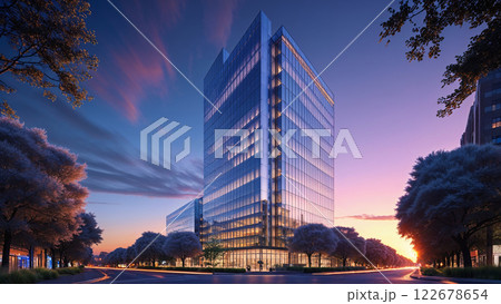 Modern glass skyscraper standing tall at sunset in urban city center 122678654