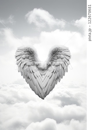 Angel wings with heart in the heavenly sky. Valentines day concept. Ai generative Angel wings with heart in the heavenly sky. Valentines day concept. Ai generative 122678681