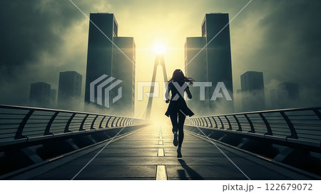 Woman running on bridge towards light in futuristic city 122679072