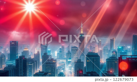 Metropolis skyline shining under dramatic red sky with bright light beams 122679073