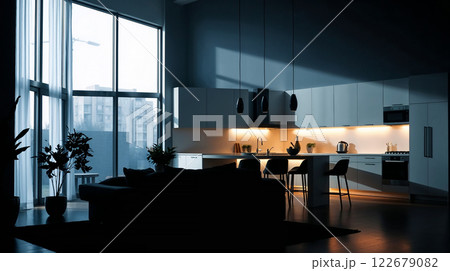 Modern open plan kitchen and living room with city view at dusk 122679082