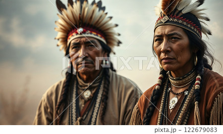 Indigenous leaders wearing traditional headdresses and clothing 122679083