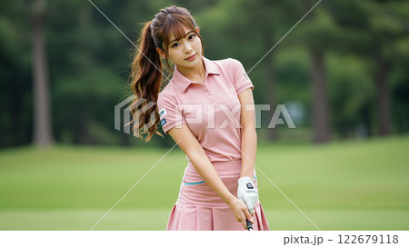 ポニーテールが映えるピンクのゴルフウェア姿の女性 ポニーテールが映えるピンクのゴルフウェア姿の女性 122679118