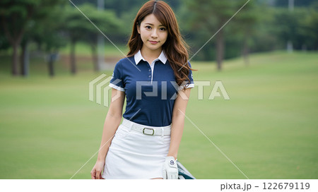 ネイビーシャツが映えるゴルフ女子の爽やかな姿 122679119