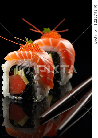 Sushi with salmon meat in the restaurant. Ai Generative 122679140