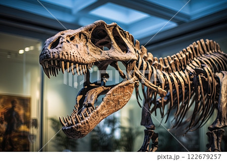 T Rex skeleton in a museum. Tyrannosaurus dinosaur exibited. Generative Ai 122679257