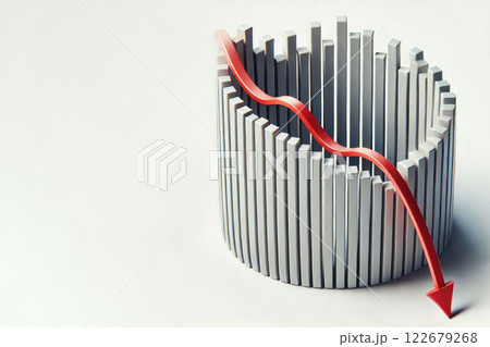 A red down arrow on the background of a column chart. Space for text. 122679268