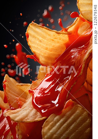 Potato chips falling and ketchu splashing. Generative Ai 122679348