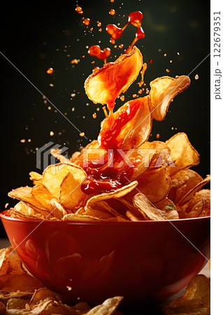 Potato chips falling in to a bowl full of chips and ketchup. Ai generative 122679351