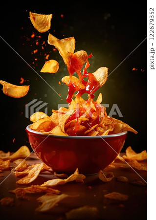 Potato chips falling in to a bowl full of chips and ketchup. Ai generative 122679352