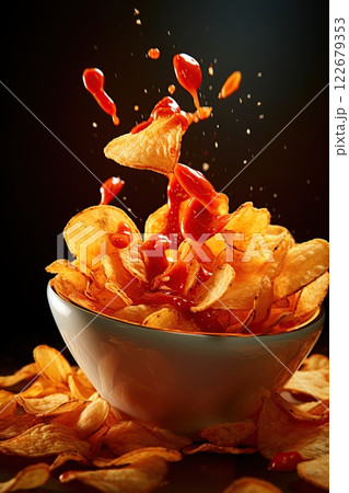 Potato chips falling in to a bowl full of chips and ketchup. Ai generative 122679353