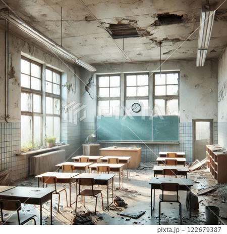 An abandoned classroom with collapsing walls. An abandoned classroom with collapsing walls. 122679387