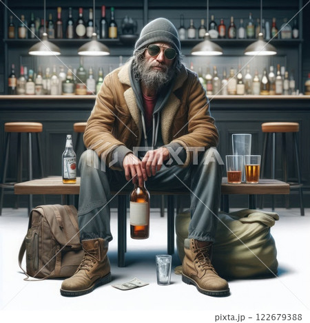 Homeless man with a bottle in a bar. Homeless man with a bottle in a bar. 122679388