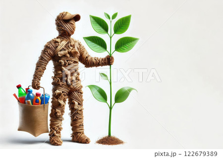 A man plants a plant from branches. Space for text. A man plants a plant from branches. Space for text. 122679389