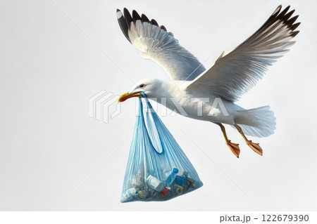 A seagull with a garbage bag. Space for text. A seagull with a garbage bag. Space for text. 122679390