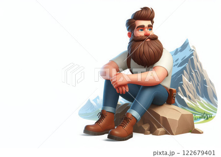 A tourist against the background of the mountains. Space for text. 122679401