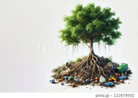A tree with debris around its roots. Space for text. A tree with debris around its roots. Space for text. 122679502