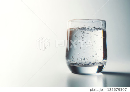 A glass of water with bubbles on a light background. Space for text. 122679507