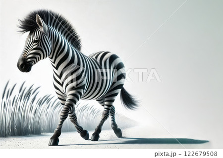 Zebra in tall grass on a light background. Space for text. Zebra in tall grass on a light background. Space for text. 122679508