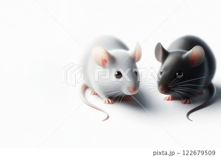 White and black mice on a light background. Space for text. 122679509