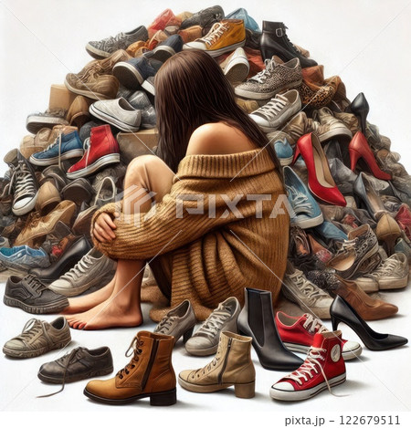 The girl sits by the pile of shoes in thought. 122679511