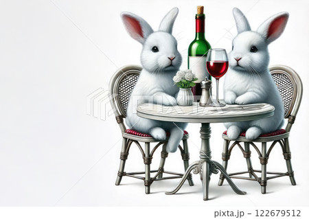 Rabbits at the table with a glass of wine. Space for text. 122679512