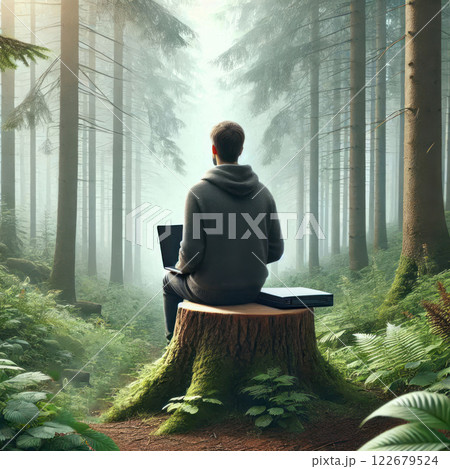 A man with a laptop is sitting in the forest on a stump. 122679524