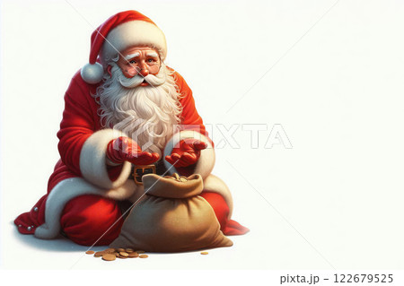Santa with a bag of coins. Space for text. 122679525