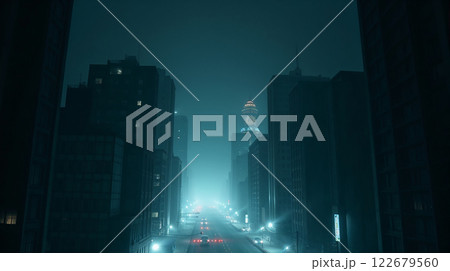 Fog occupying city street at night with illuminated skyscraper in background Fog occupying city street at night with illuminated skyscraper in background 122679560