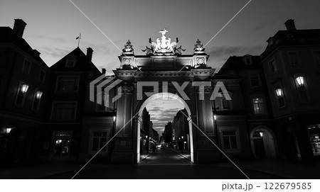 Majestic archway illuminating the night in black and white Majestic archway illuminating the night in black and white 122679585