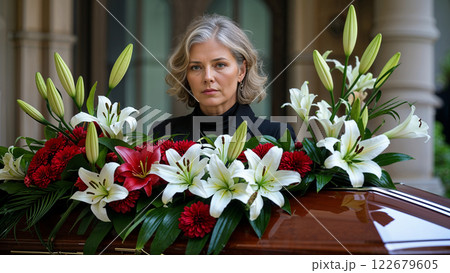 Grieving woman standing by coffin with red and white lilies 122679605