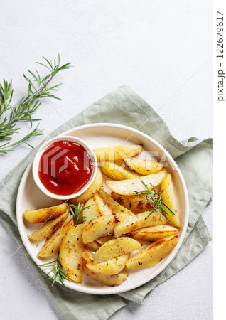 Baked potato wedges with spices, fresh rosemary and tomato sauce on a plate on a light background 122679617