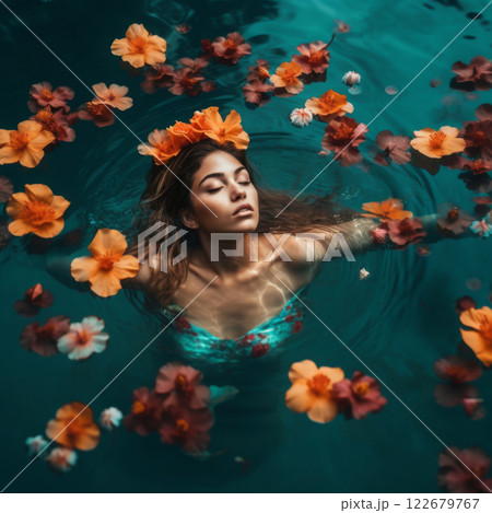 Beautiful woman swimming in water surrounded by tropical flowers Beautiful woman swimming in water surrounded by tropical flowers 122679767