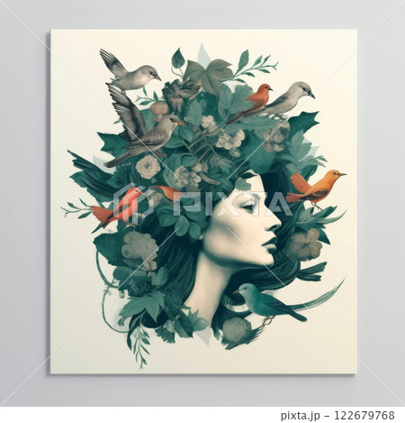The woman's head is surrounded by flowers. Flowers grow from the girl's head The woman's head is surrounded by flowers. Flowers grow from the girl's head 122679768