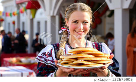 Young woman holding a plate of pancakes during a traditional celebration Young woman holding a plate of pancakes during a traditional celebration 122679908