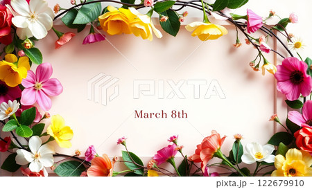 Frame surrounded by spring flowers 122679910