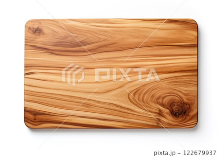 Wooden cutting board isolated on white background. Top view, flatlay. Ai Generative 122679937