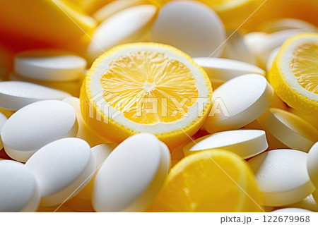 Lemon slices and Vitamin C tablets. Health concept. Ai Generative 122679968