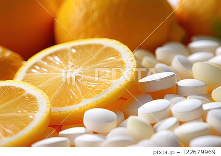 Lemon slices and Vitamin C tablets. Health concept. Ai Generative 122679969