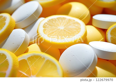 Lemon slices and Vitamin C tablets. Health concept. Ai Generative 122679970