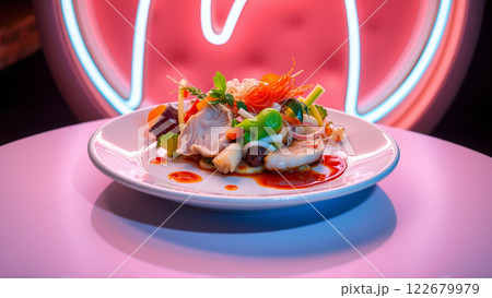 Plate with Pan-Asian food in neon light 122679979