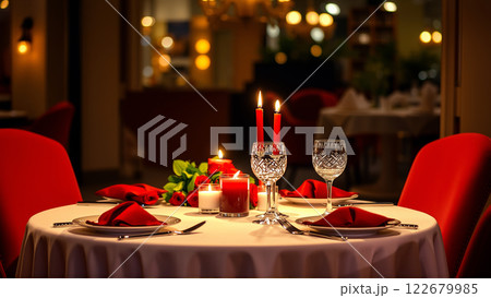 A table in the restaurant is served for the holiday. Candles are burning on the table 122679985