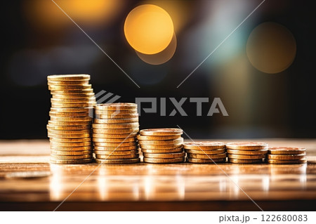 Stack of coins on a desk. Financial, banking, investment concept. Generative Ai 122680083